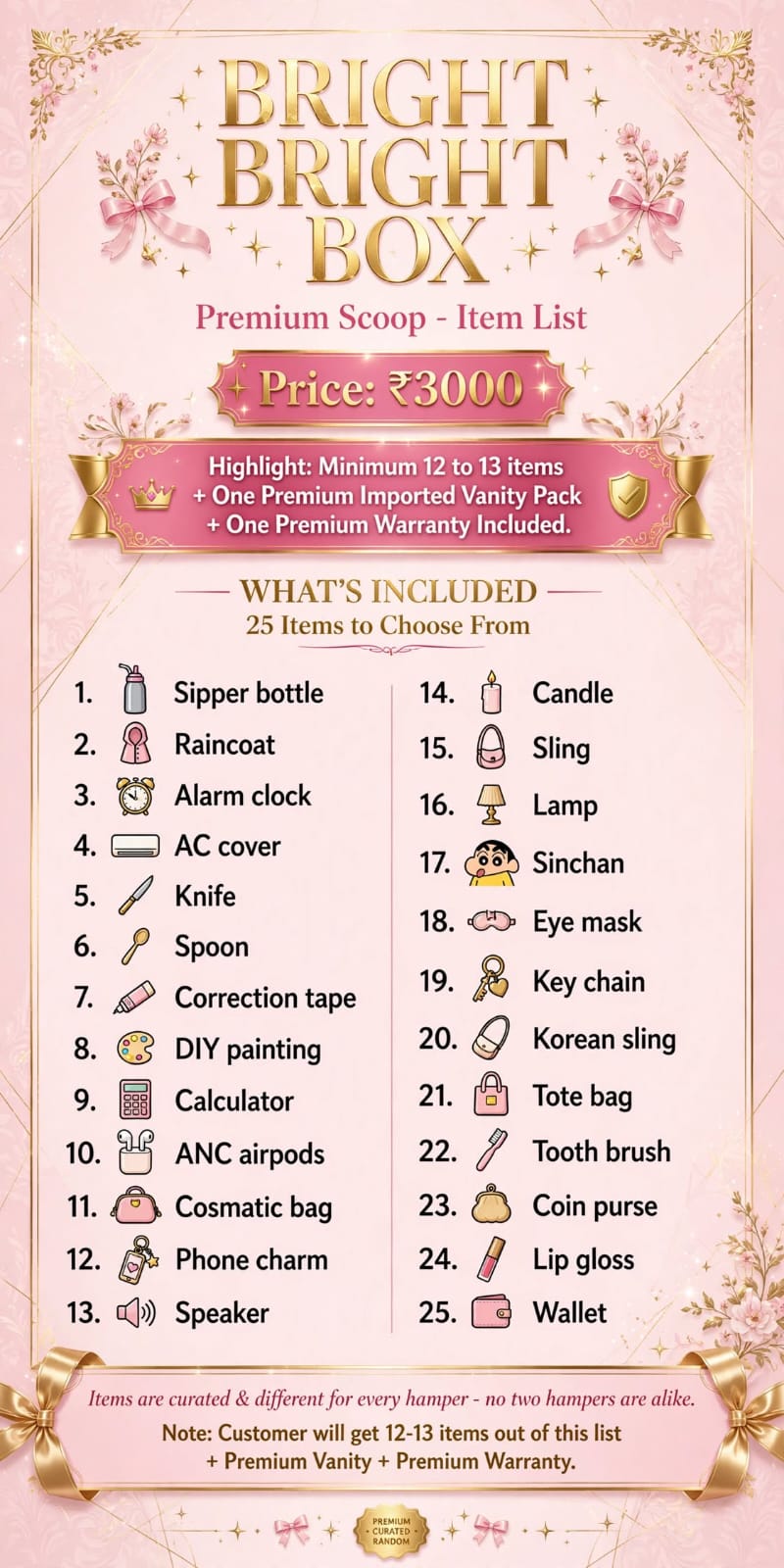 Bright Box Premium Scoop Item List
